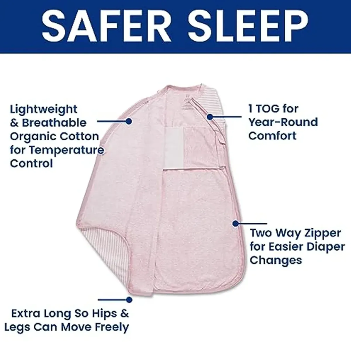 Delta Children Gap babyGap TrueSleep Sleep Sack | 100% Organic Cotton | GOTS and Oeko-Tex 100 Certified | 2-Way Zipper | Large: 6-12 Months, Pink Stripe