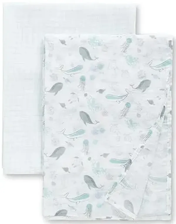 Delta Children 100% Cotton Muslin Baby Receiving Blankets for Girls and Boys – 47x47 Inches (Pack of 2), Sea Life