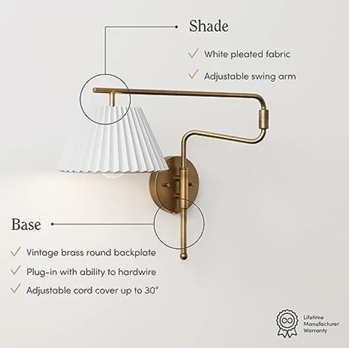 Nathan James Kai Modern Wall Mounted Plugin Bedside Reading Lamp with Pleated Shade, Vintaged Brass Finish