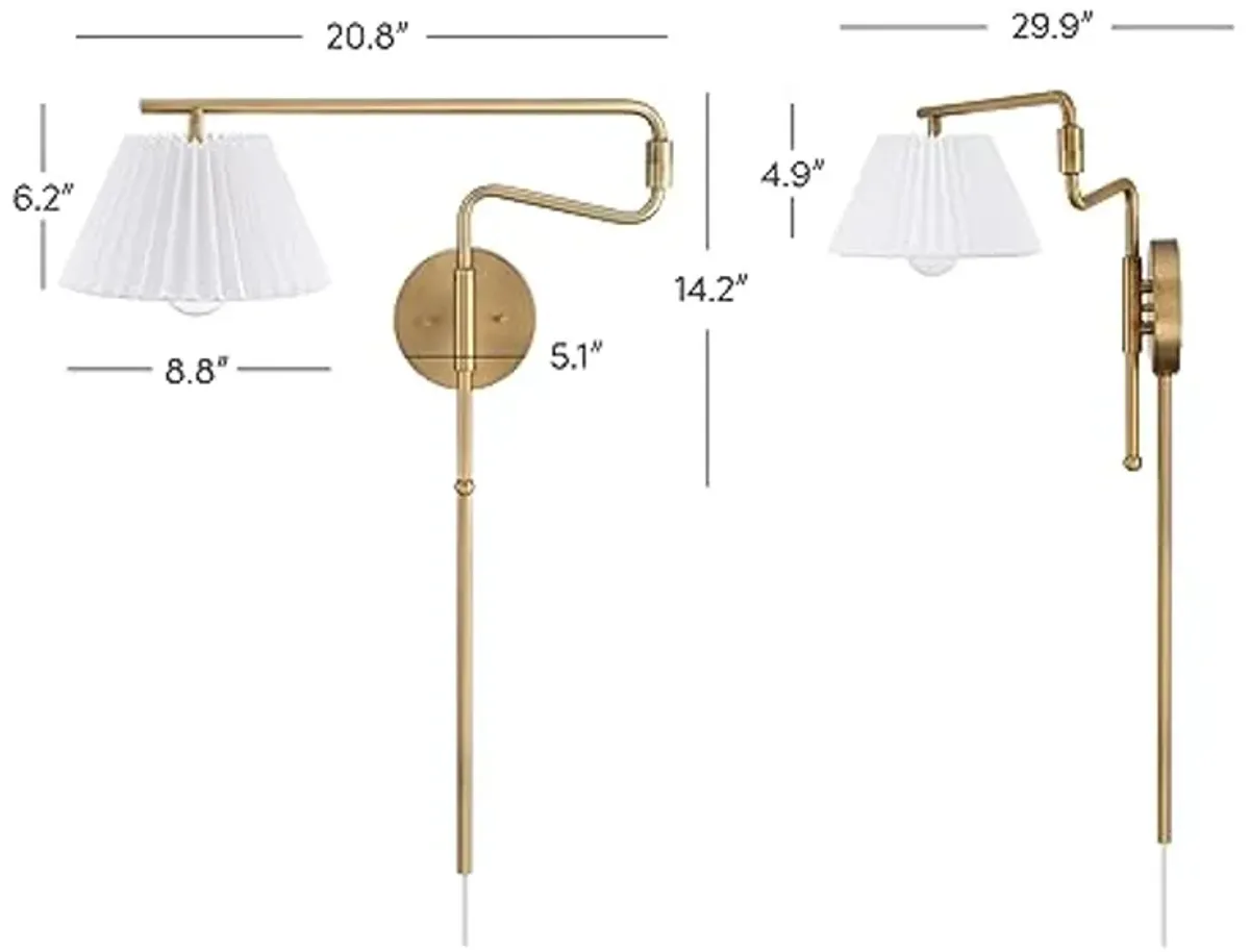 Nathan James Kai Modern Wall Mounted Plugin Bedside Reading Lamp with Pleated Shade, Vintaged Brass Finish