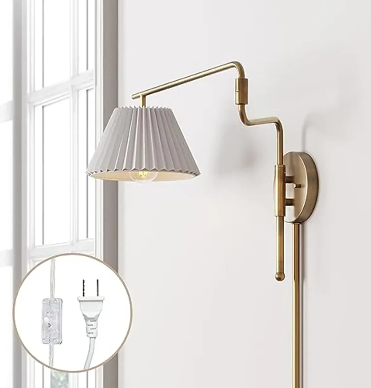 Nathan James Kai Modern Wall Mounted Plugin Bedside Reading Lamp with Pleated Shade, Vintaged Brass Finish