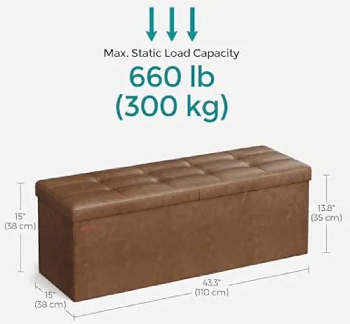 SONGMICS Storage Ottoman, 35 Gal., Storage Chest, Folding Footrest Bench, 660 lb Load Capacity, Synthetic Leather, 15 x 43 x 15 Inches, Coffee Brown ULSF075K01