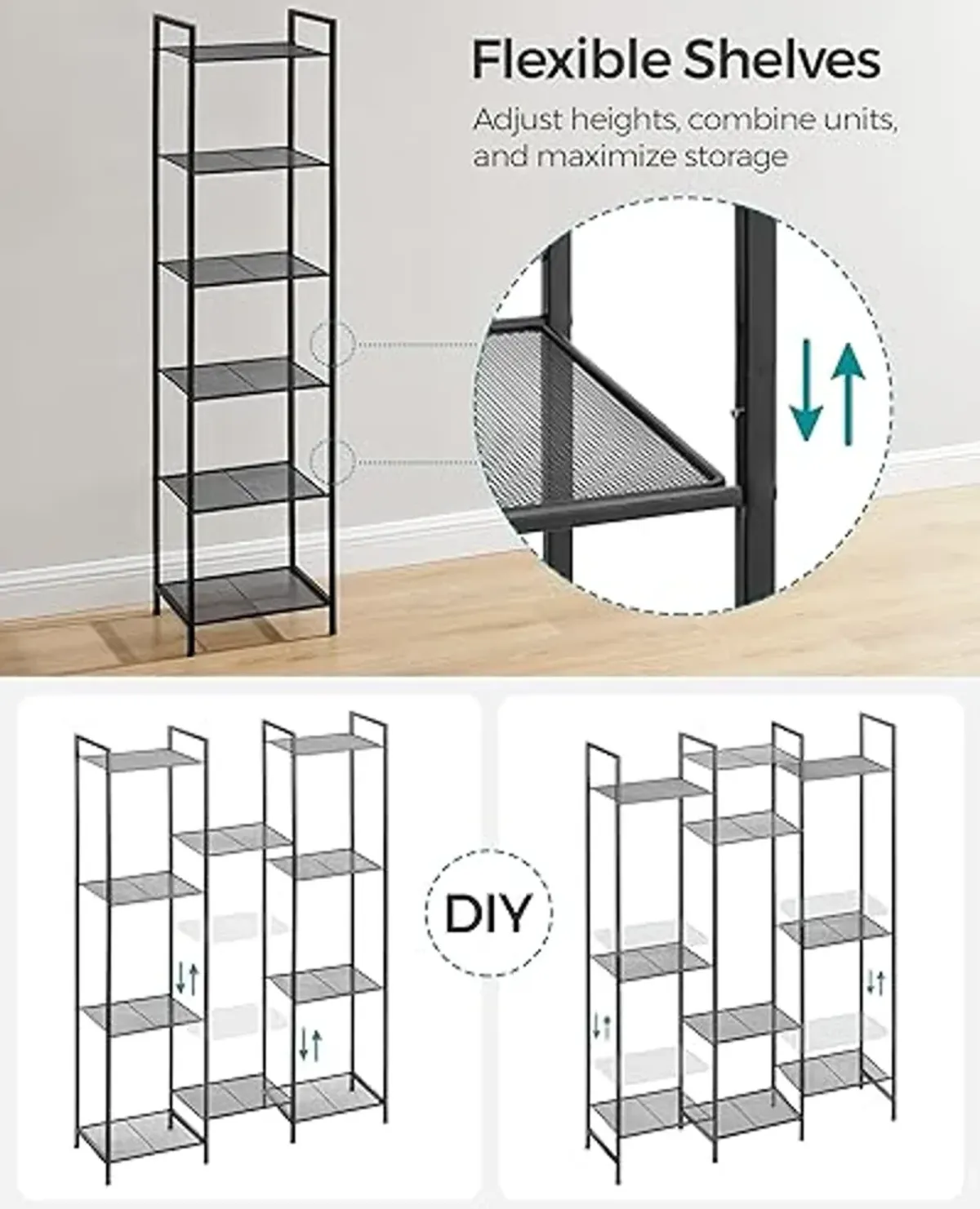 SONGMICS 6-Tier Storage Rack, Bathroom Shelf, Extendable Plant Stand with Adjustable Shelf, for Bathroom, Living Room, Balcony, Kitchen, Classic Black UBSC036B01