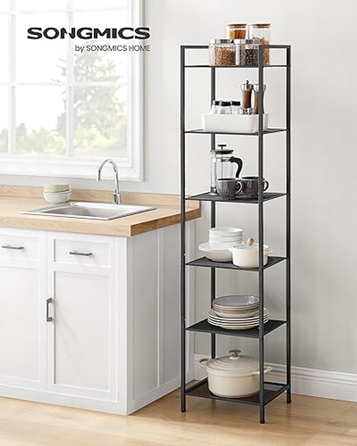 SONGMICS 6-Tier Storage Rack, Bathroom Shelf, Extendable Plant Stand with Adjustable Shelf, for Bathroom, Living Room, Balcony, Kitchen, Classic Black UBSC036B01