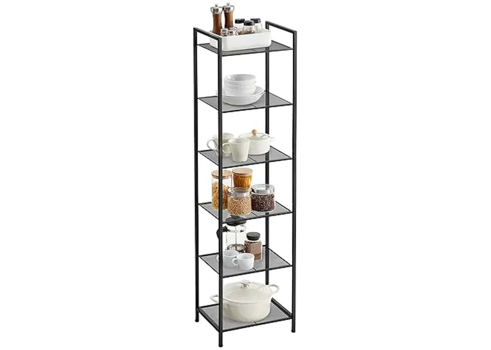 SONGMICS 6-Tier Storage Rack, Bathroom Shelf, Extendable Plant Stand with Adjustable Shelf, for Bathroom, Living Room, Balcony, Kitchen, Classic Black UBSC036B01