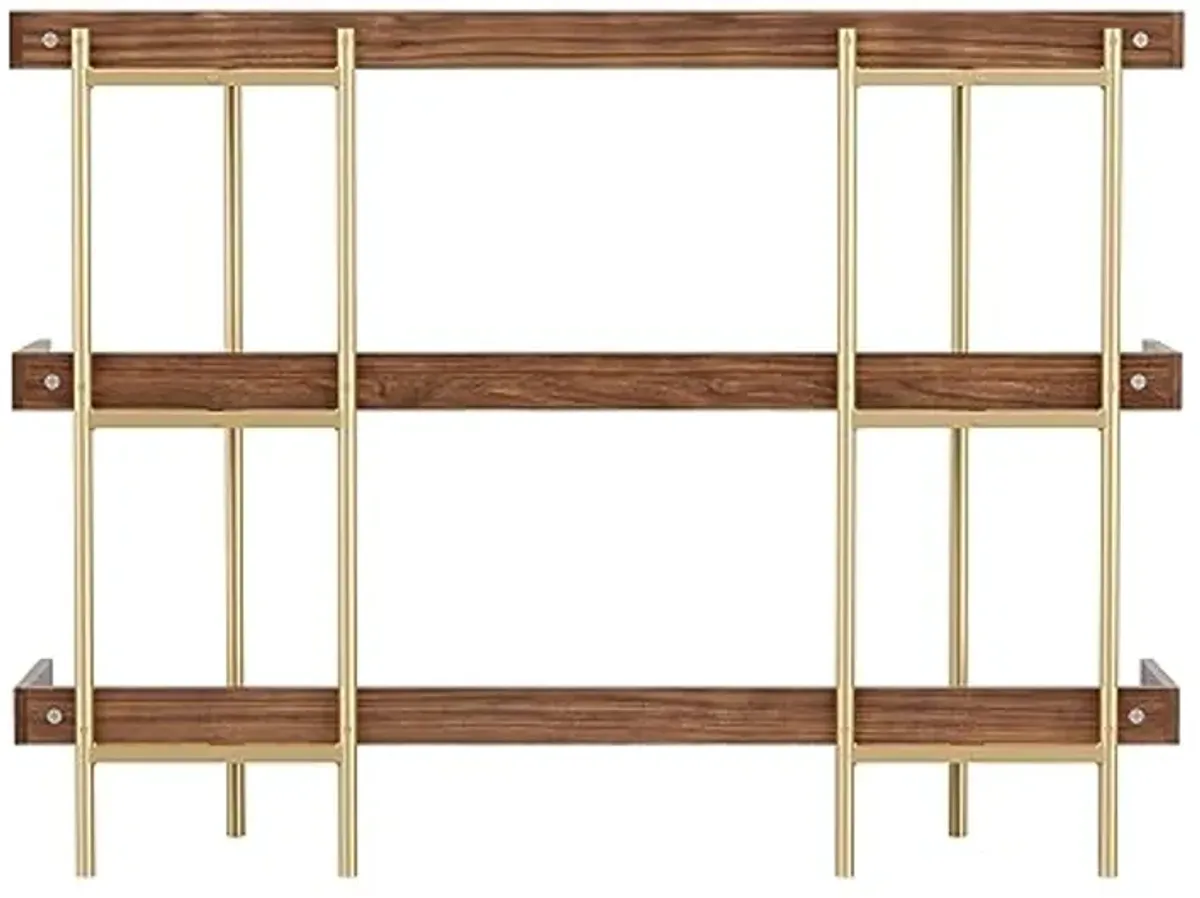 Martha Stewart Emmett 3 Shelf Storage Display Unit Bookcase with Metal, Set of 1, Walnut Wood Grain/Polished Brass Frame