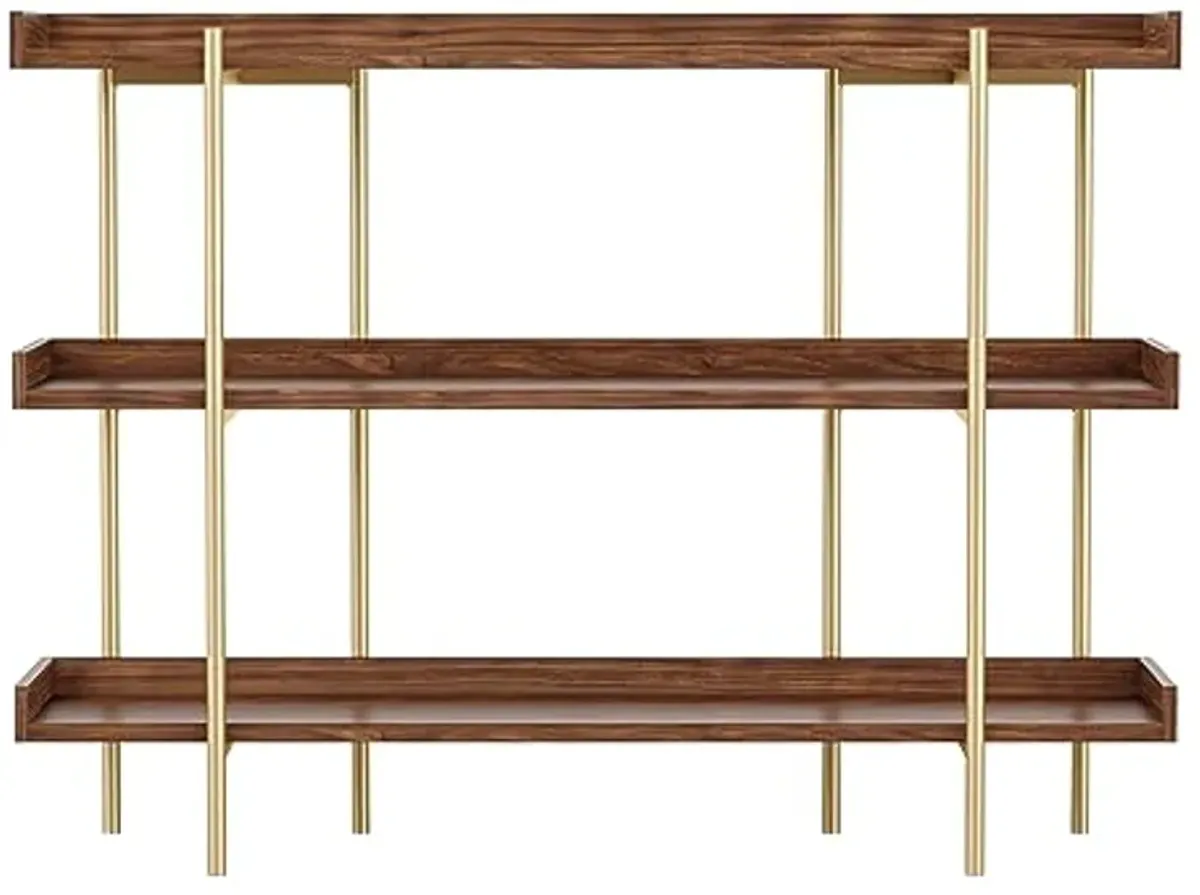 Martha Stewart Emmett 3 Shelf Storage Display Unit Bookcase with Metal, Set of 1, Walnut Wood Grain/Polished Brass Frame