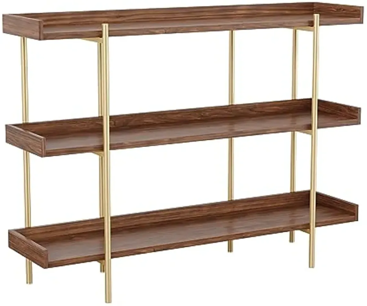 Martha Stewart Emmett 3 Shelf Storage Display Unit Bookcase with Metal, Set of 1, Walnut Wood Grain/Polished Brass Frame