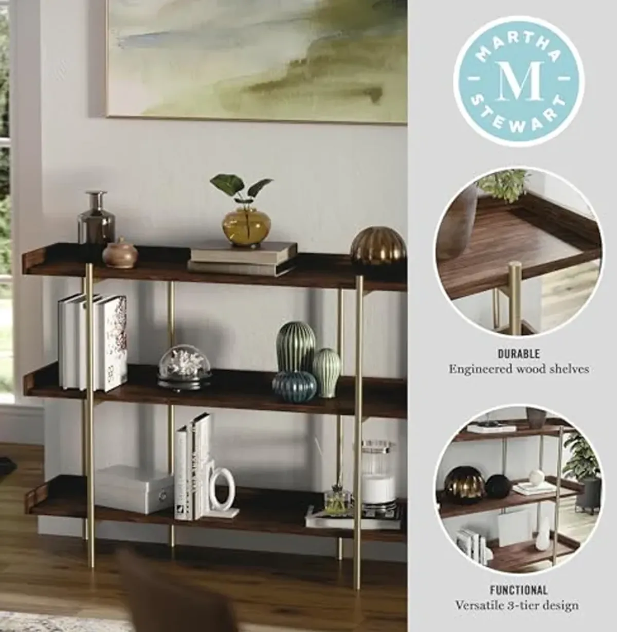 Martha Stewart Emmett 3 Shelf Storage Display Unit Bookcase with Metal, Set of 1, Walnut Wood Grain/Polished Brass Frame