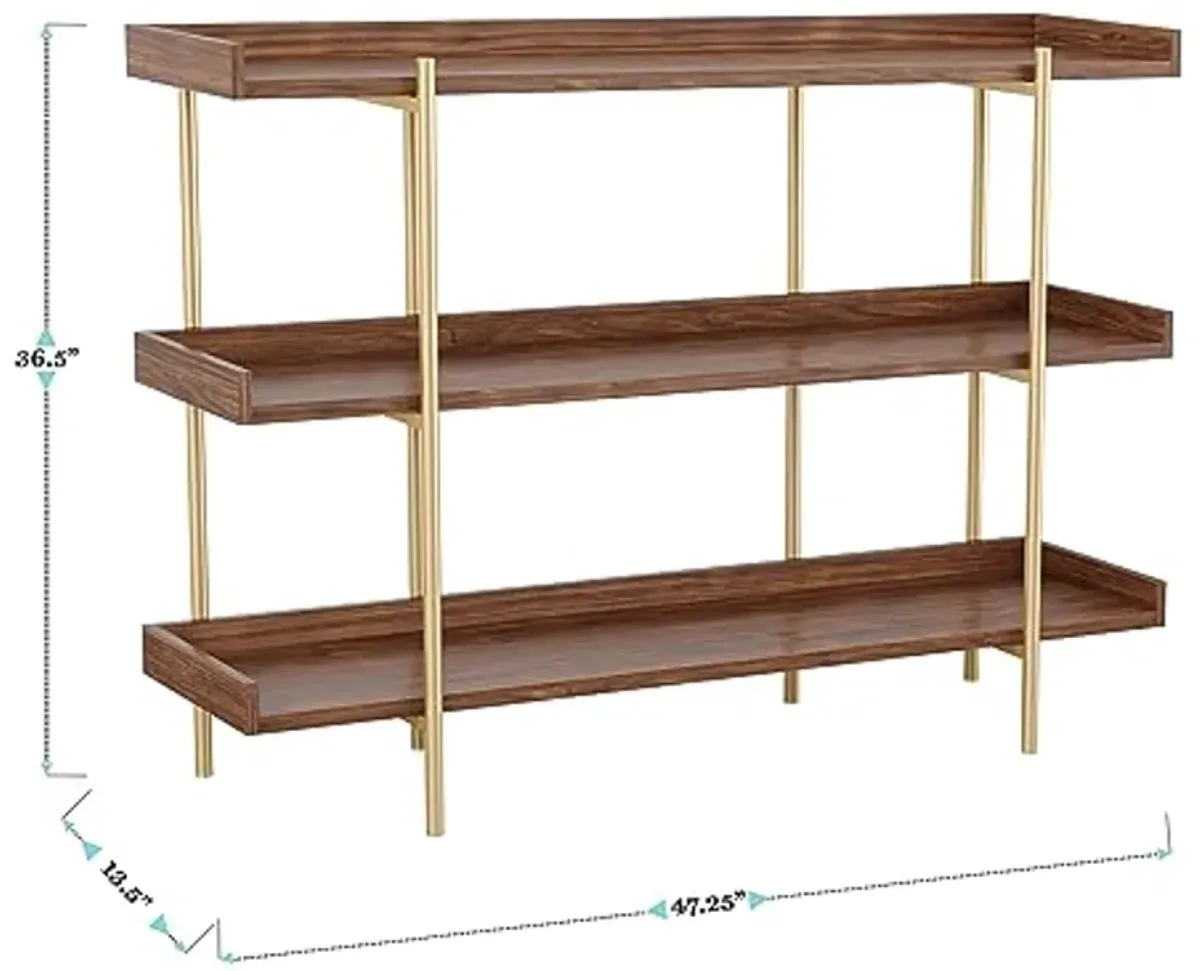 Martha Stewart Emmett 3 Shelf Storage Display Unit Bookcase with Metal, Set of 1, Walnut Wood Grain/Polished Brass Frame