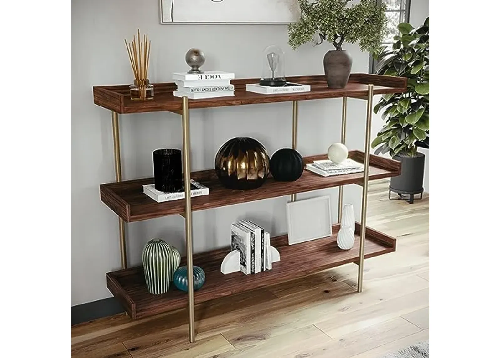 Martha Stewart Emmett 3 Shelf Storage Display Unit Bookcase with Metal, Set of 1, Walnut Wood Grain/Polished Brass Frame