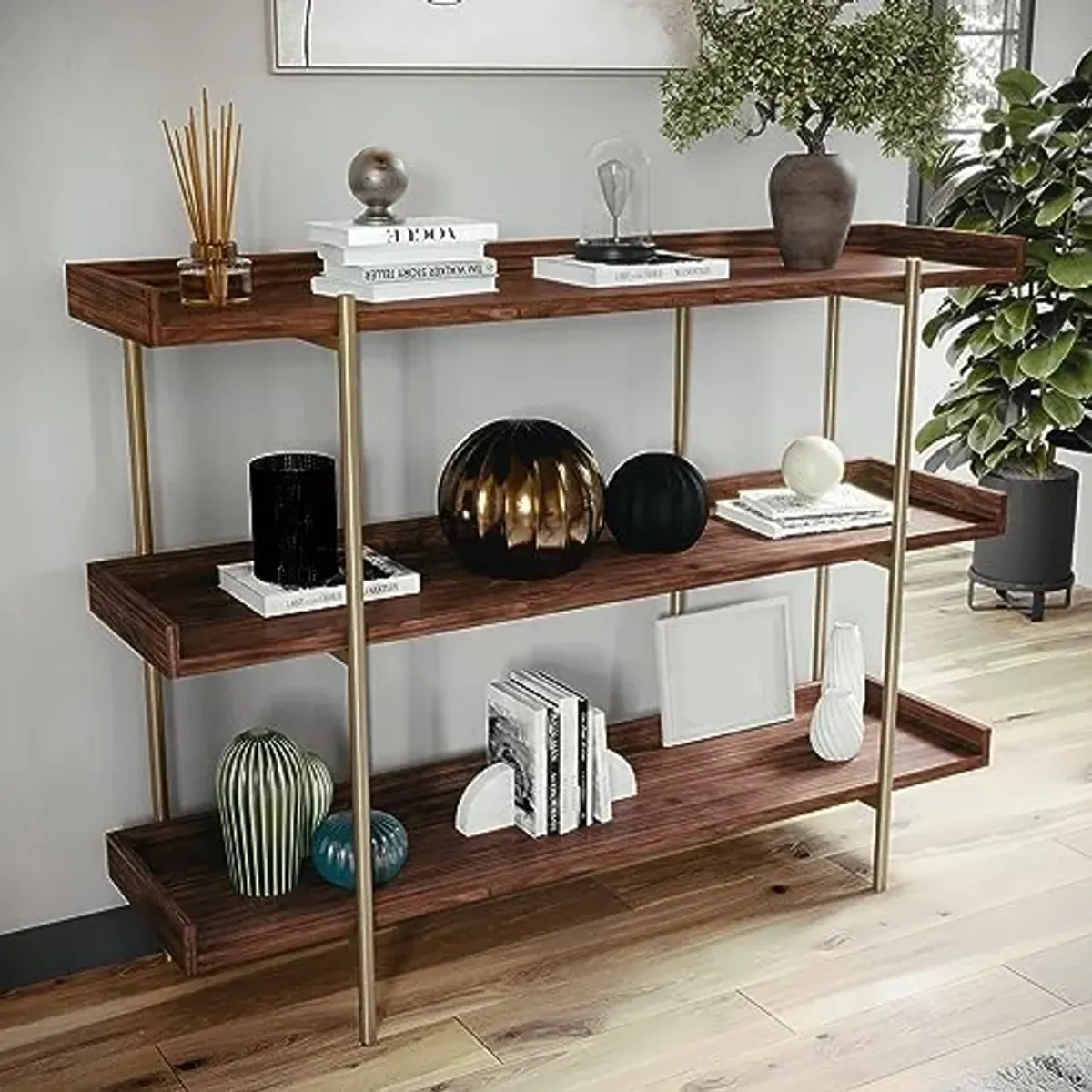 Martha Stewart Emmett 3 Shelf Storage Display Unit Bookcase with Metal, Set of 1, Walnut Wood Grain/Polished Brass Frame