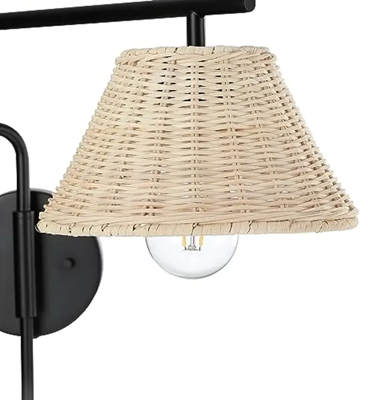 Nathan James Kai Bohemian Plug-in Wall Sconce, Wall Mounted Bedside Reading Lamp with Rattan Shade, Matte Black Finish