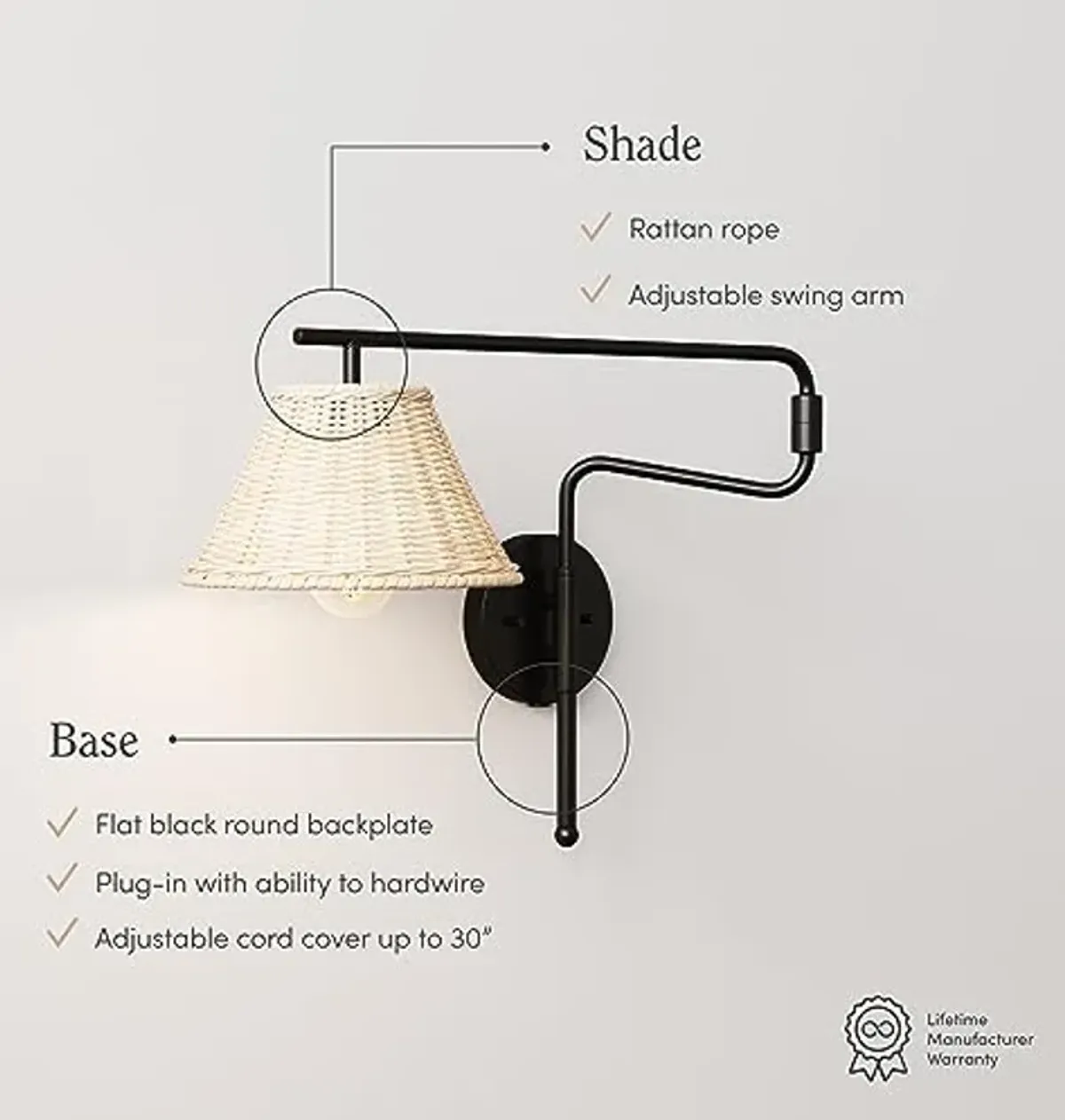 Nathan James Kai Bohemian Plug-in Wall Sconce, Wall Mounted Bedside Reading Lamp with Rattan Shade, Matte Black Finish