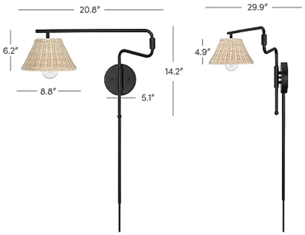 Nathan James Kai Bohemian Plug-in Wall Sconce, Wall Mounted Bedside Reading Lamp with Rattan Shade, Matte Black Finish