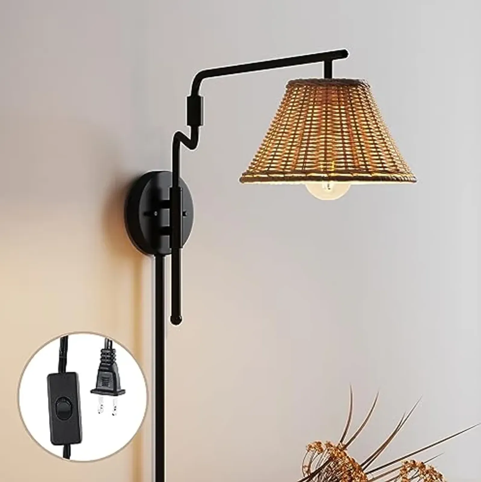 Nathan James Kai Bohemian Plug-in Wall Sconce, Wall Mounted Bedside Reading Lamp with Rattan Shade, Matte Black Finish