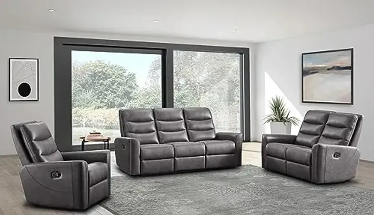 Rover Living Room Set - 3 Piece Set (Sofa, Loveseat, Chair), Fabric Upholstery, Manual Reclining Set, Grey