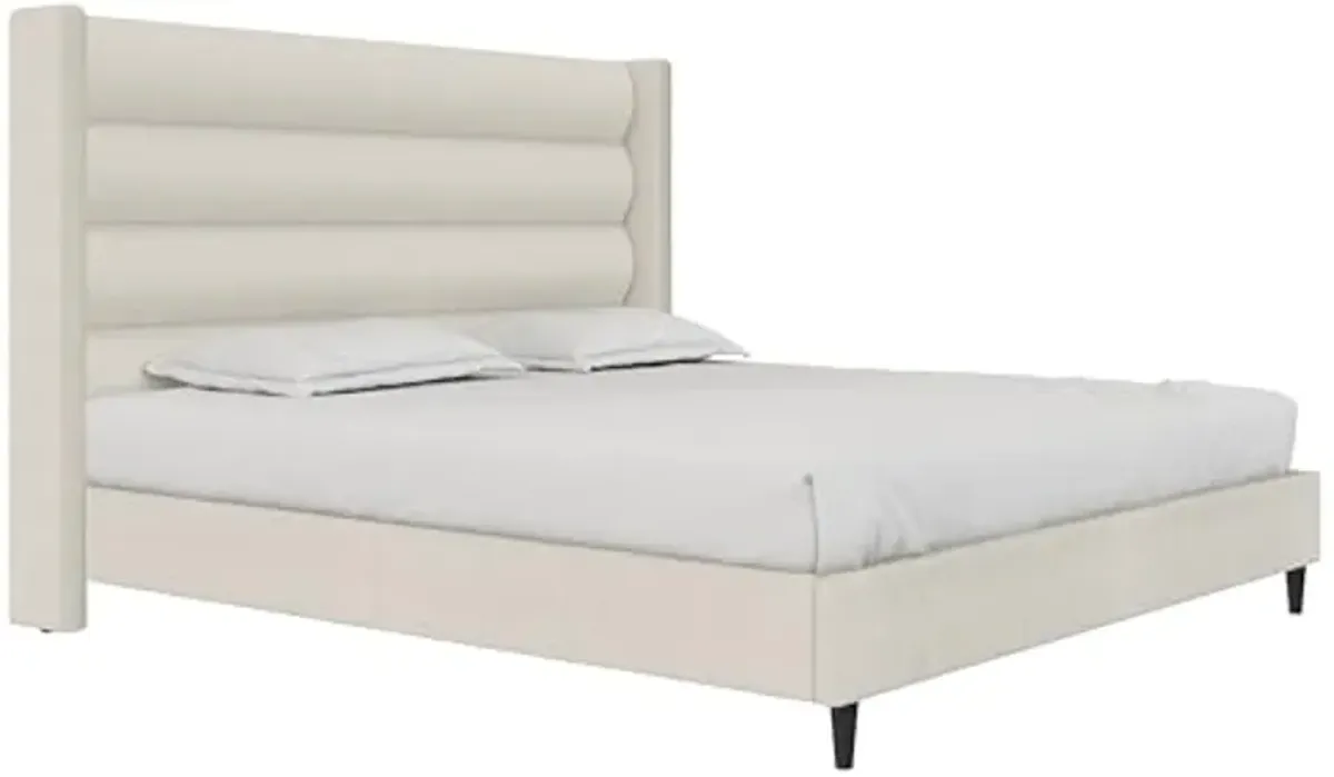 Novogratz Louis Upholstered Bed Frame with High Tufted Headboard, King, Textured Ivory Canvas