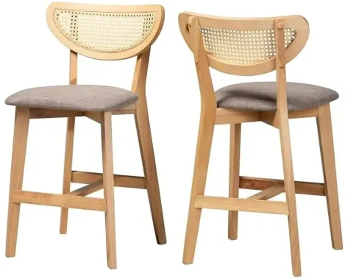 Baxton Studio Dannell Mid-Century Fabric Counter Stool, Grey/Natural Oak/Light Brown, 2/Set