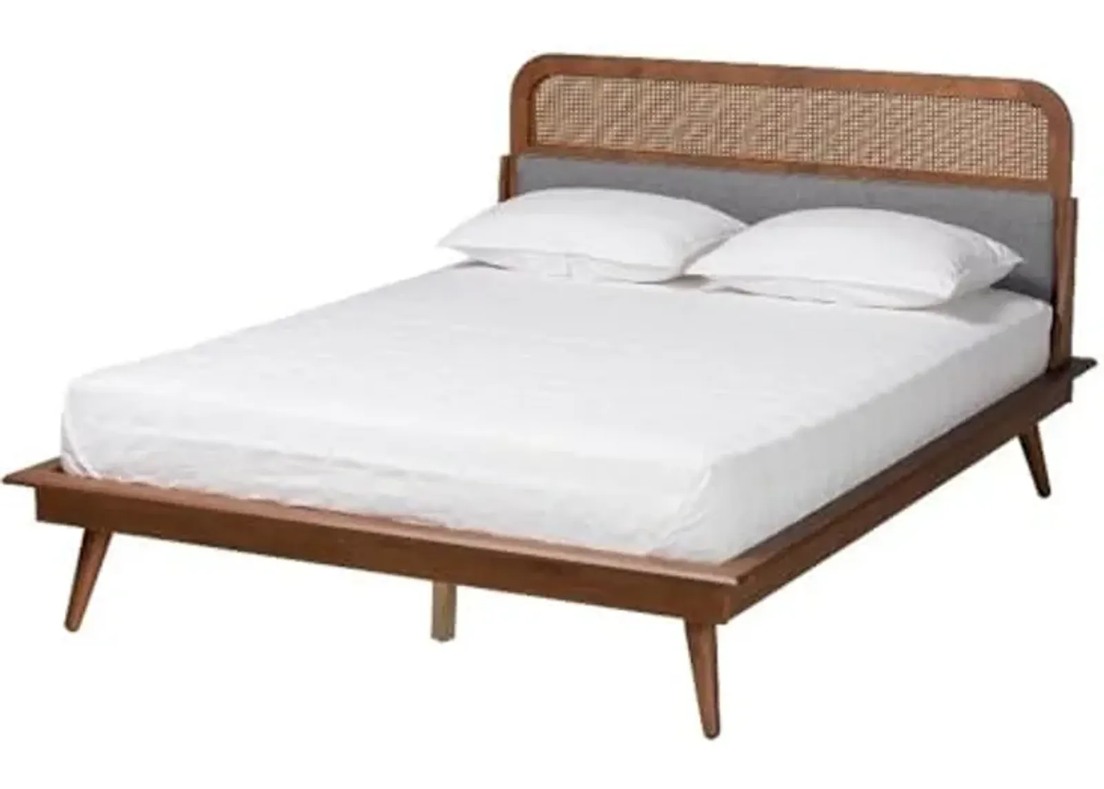 Baxton Studio Irina Mid-Century Modern Grey Fabric and Ash Walnut Finished Wood Queen Size Platform Bed