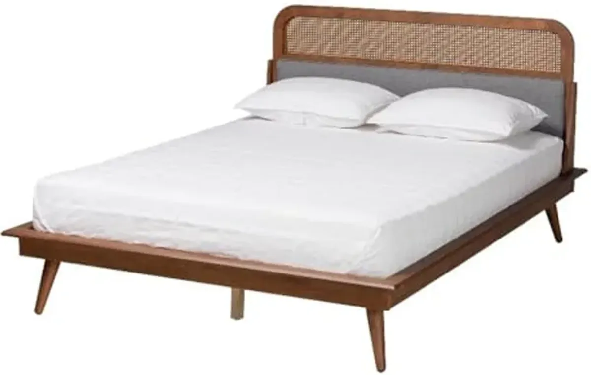 Baxton Studio Irina Mid-Century Modern Grey Fabric and Ash Walnut Finished Wood Queen Size Platform Bed