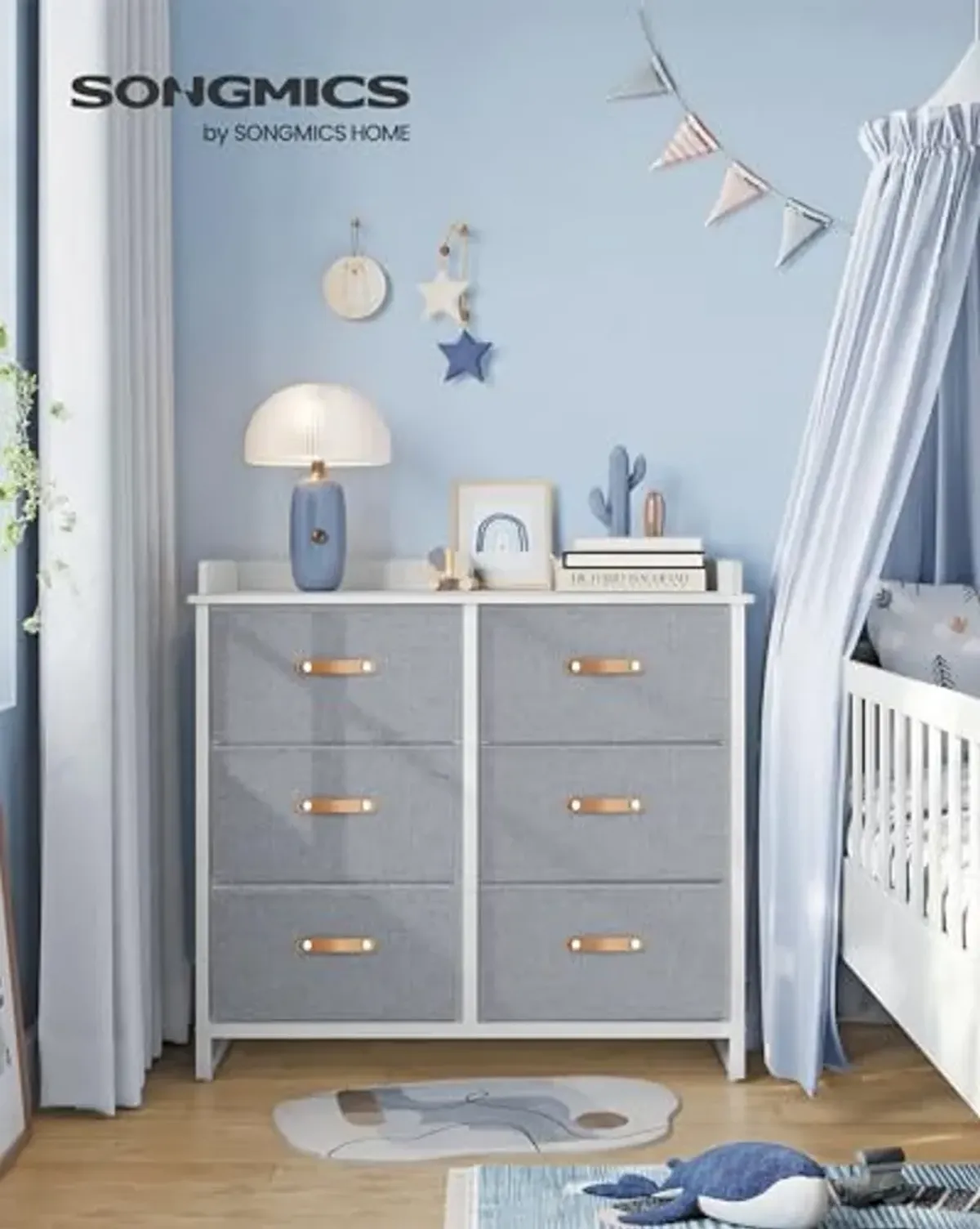 SONGMICS Dresser for Bedroom with 6 Drawers, Chest of Drawers, with Water-Resistant Changing Table, Storage Organizer Cabinet, for Kids Room Nursery Living Room Hallway, Gray UGKR101G01