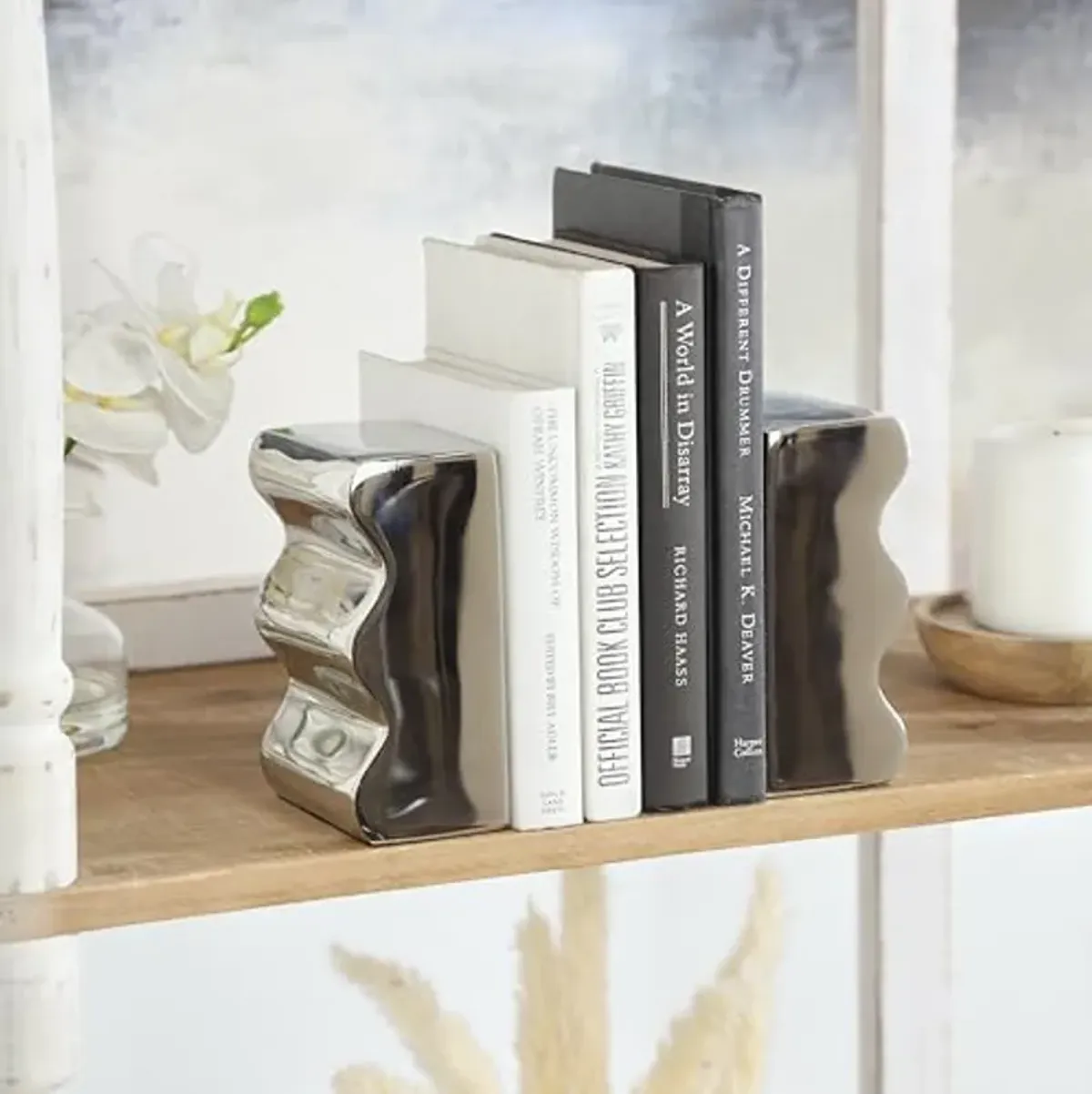 The Novogratz Aluminum Metal Decorative Bookends Wave Inspired Non Skid Bookends, Set of 2 Office Bookends3 W, 6" H, Silver