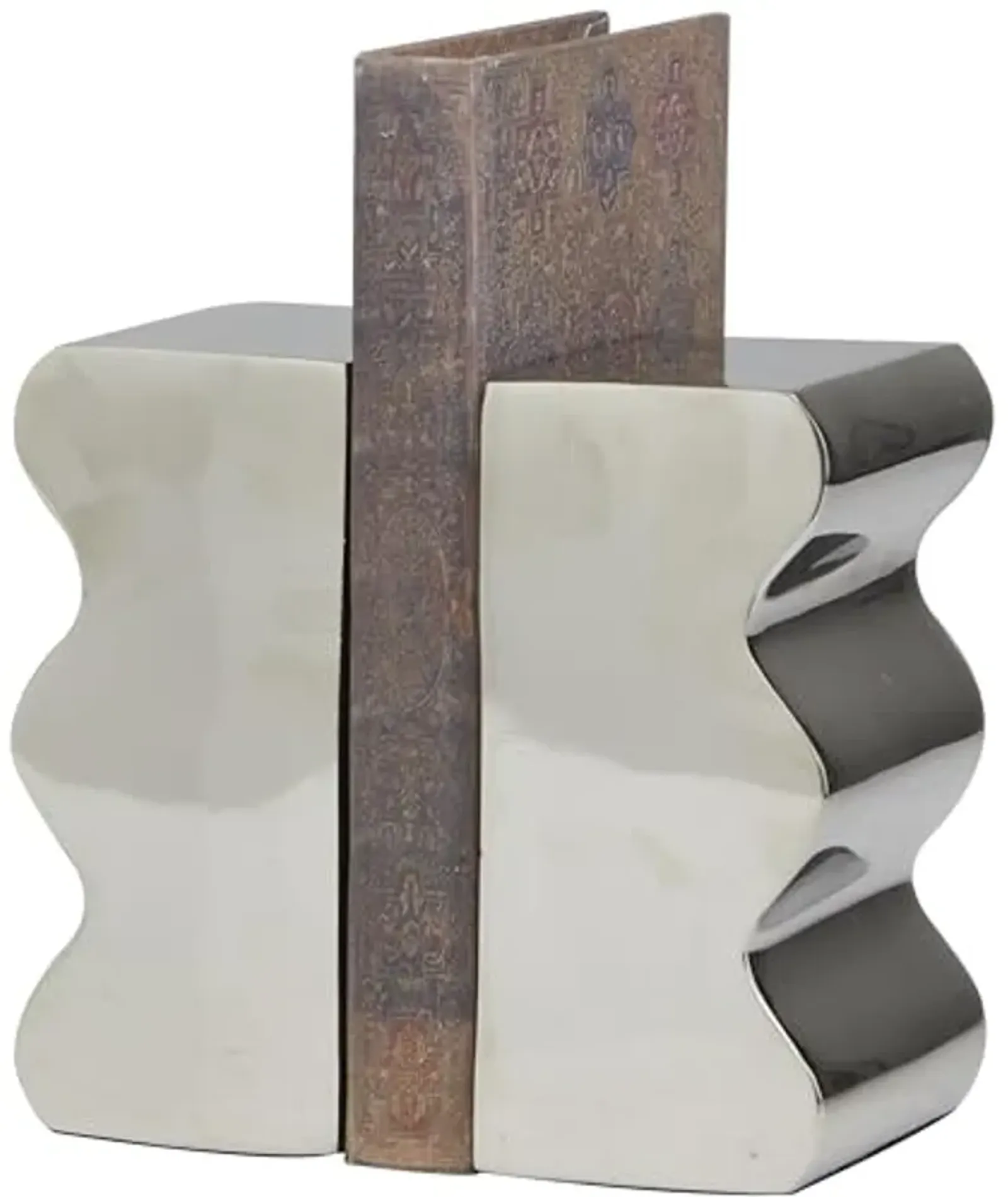 The Novogratz Aluminum Metal Decorative Bookends Wave Inspired Non Skid Bookends, Set of 2 Office Bookends3 W, 6" H, Silver