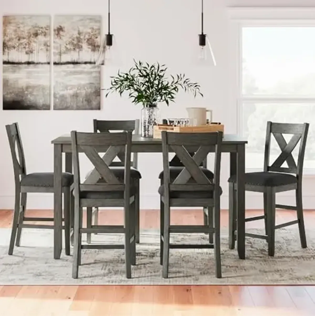 Signature Design by Ashley Caitbrook Casual Counter Height Dining Table and Upholstered Bar Stools with Nailhead Trim, Set of 7, Gray