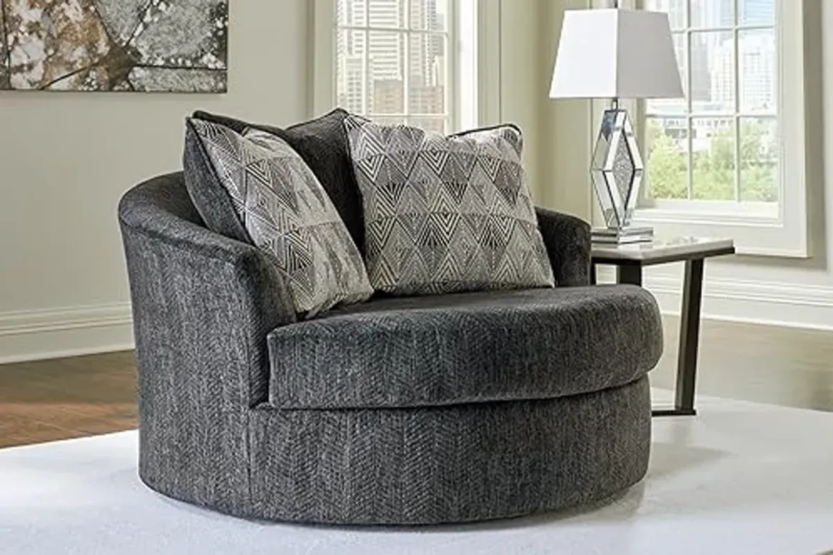 Signature Design by Ashley Biddeford Transitional Upholstered Oversized Swivel Accent Chair with 3 Accent Pillows, Black