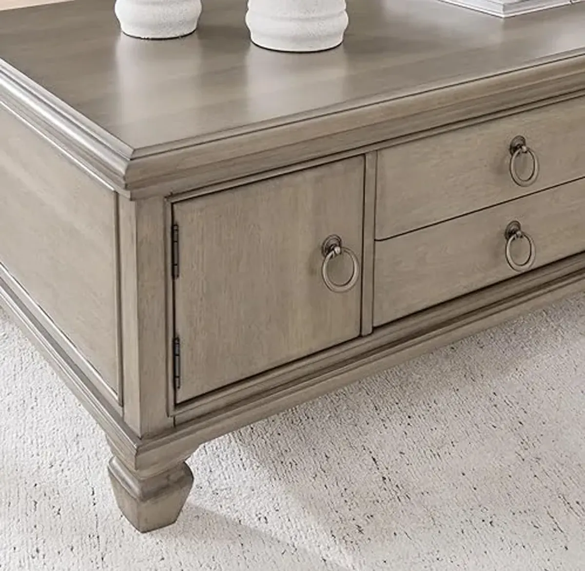 Signature Design by Ashley Lexorne Classic Cocktail Table with 2 Cabinets and 2 Drawers, Light Gray