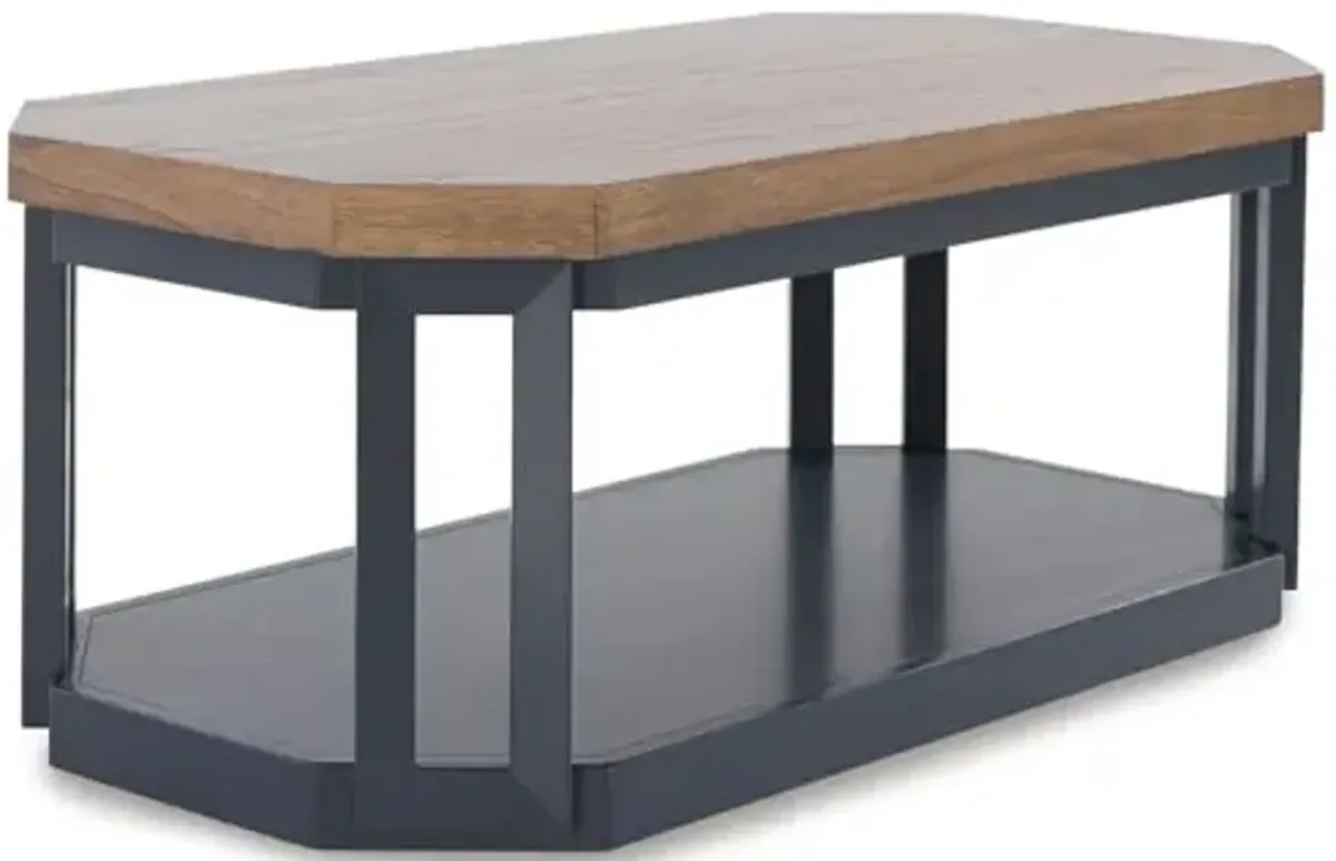 Signature Design by Ashley Landocken Contemporary Occasional Table Set with Open Shelves and Casters, Set of 3, Light Brown & Blue