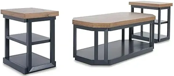 Signature Design by Ashley Landocken Contemporary Occasional Table Set with Open Shelves and Casters, Set of 3, Light Brown & Blue
