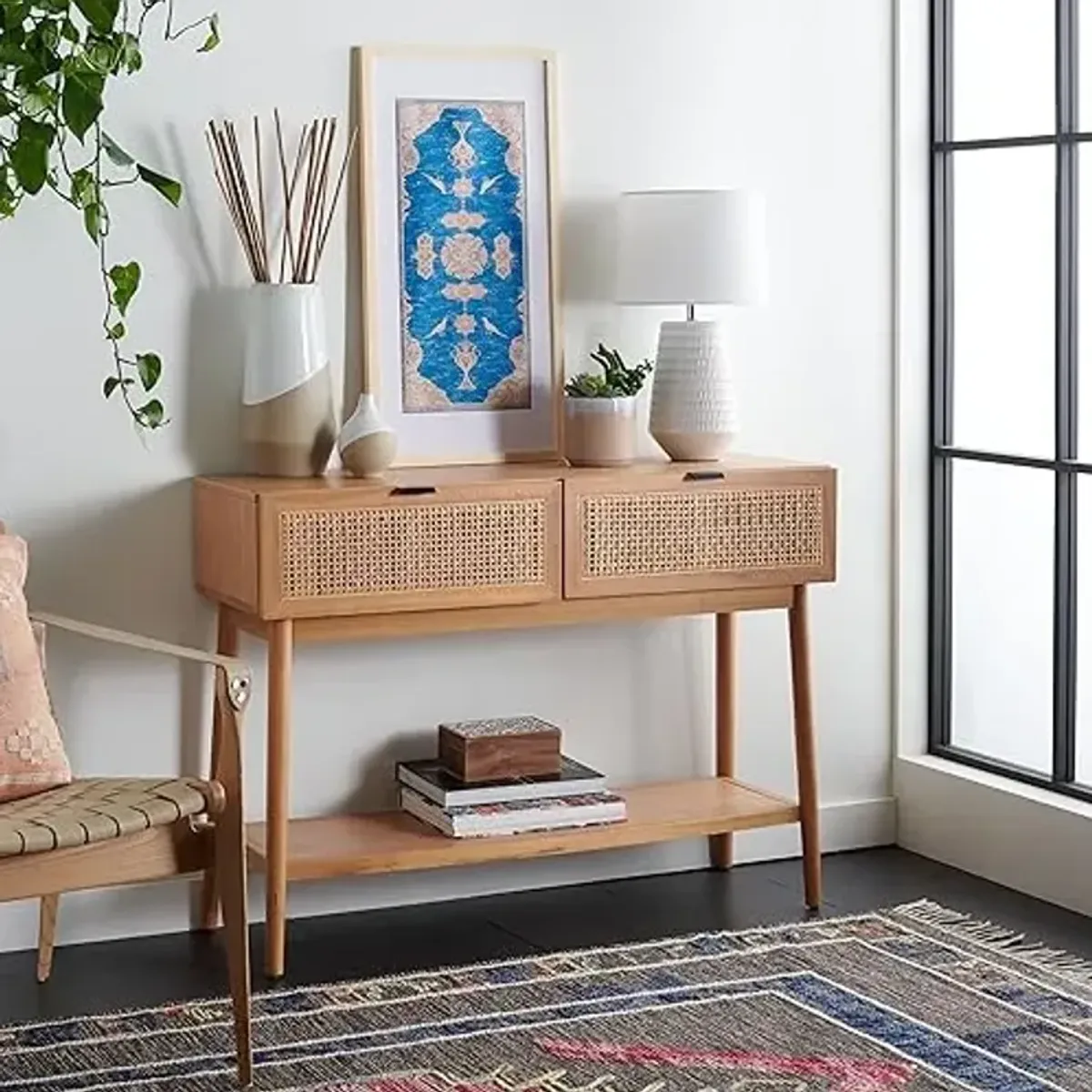 SAFAVIEH Home Collection Chartrelle Blue/Pink 14 x 29-inch Boho Chic Wood Framed Textile Wall Art for Bedroom, Living Room, Foyer, Dining Area, Entryway