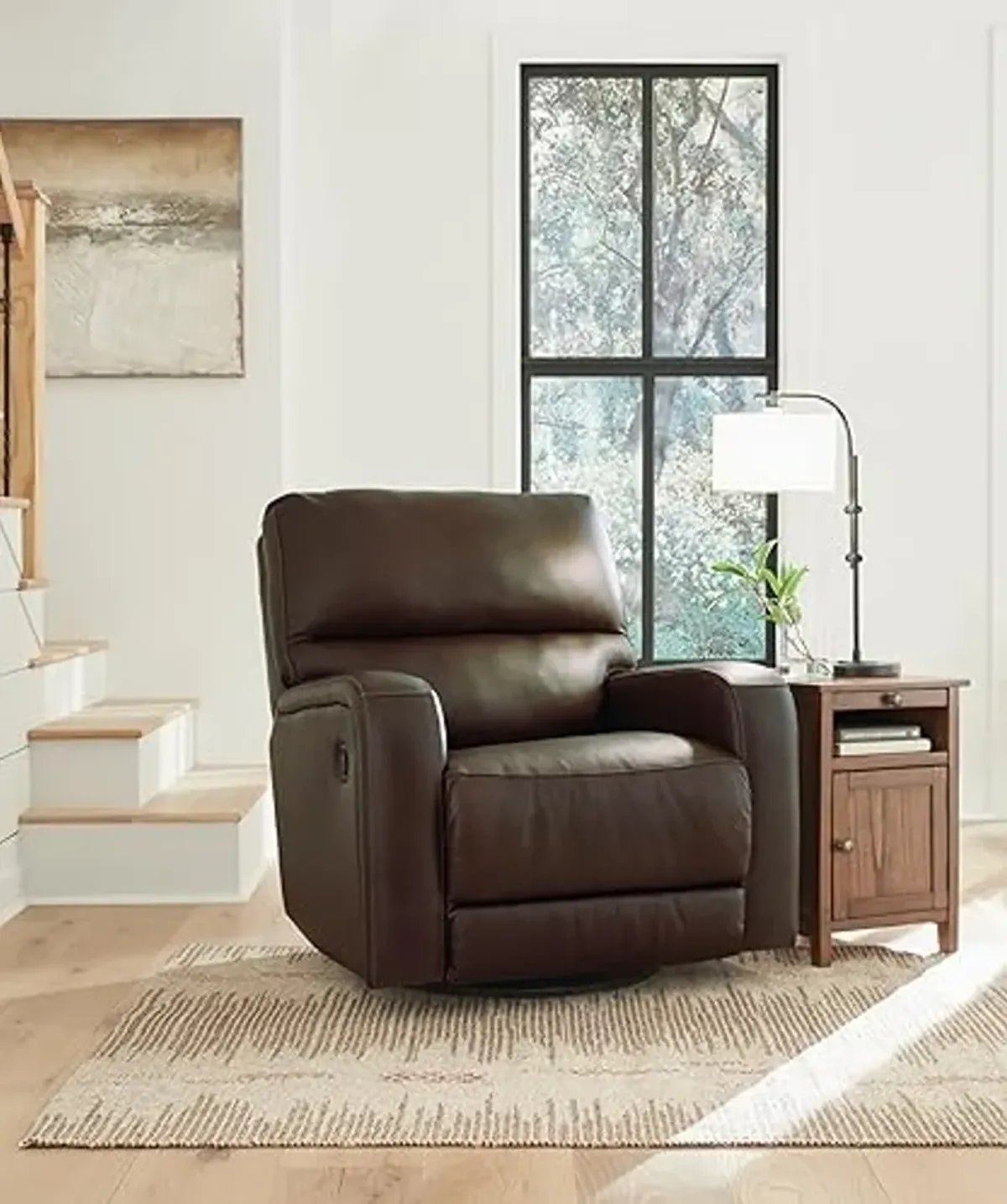 Signature Design by Ashley Emberla Contemporary Leather Match Manual Swivel Glider Rocker Recliner, Dark Brown