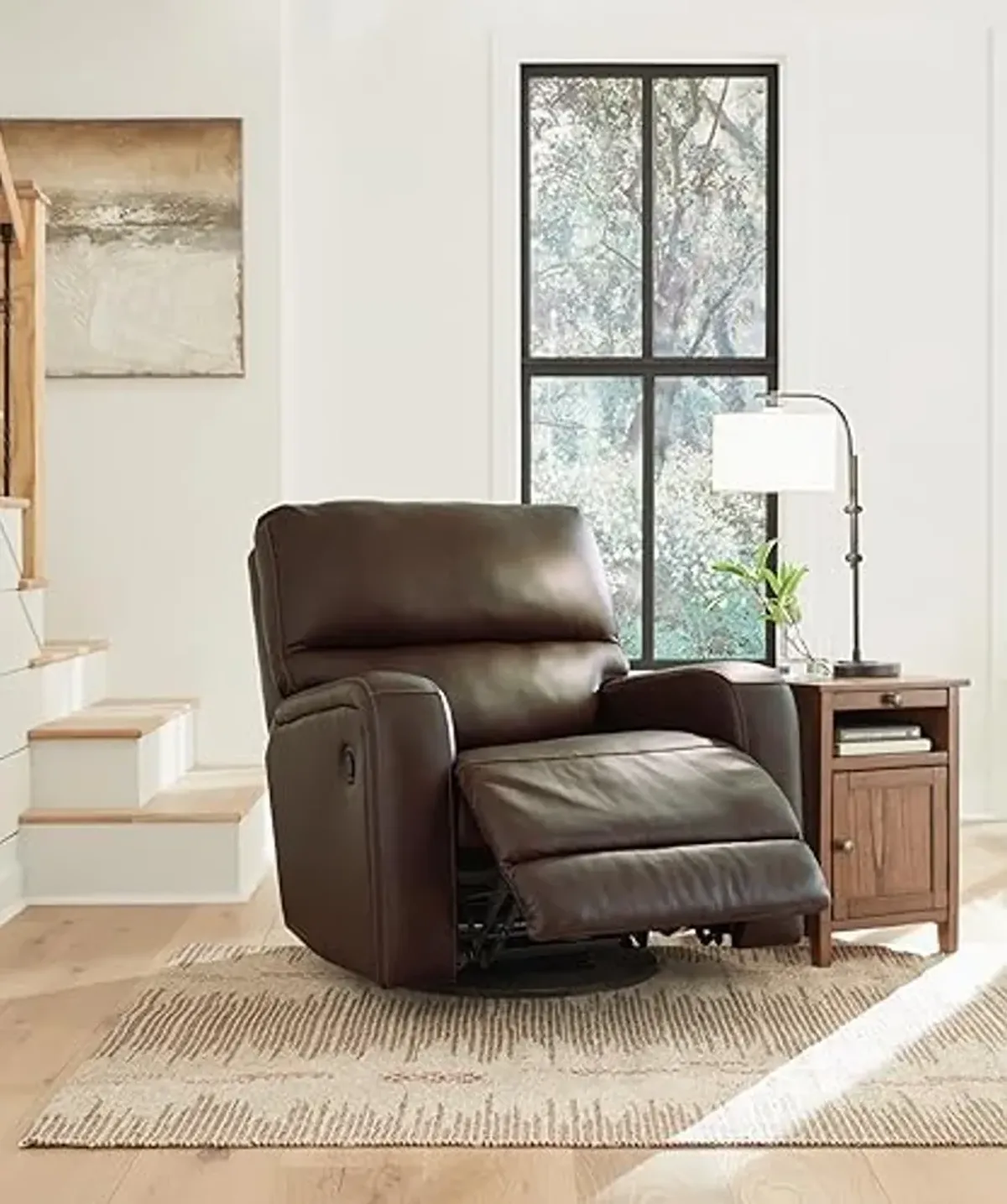 Signature Design by Ashley Emberla Contemporary Leather Match Manual Swivel Glider Rocker Recliner, Dark Brown