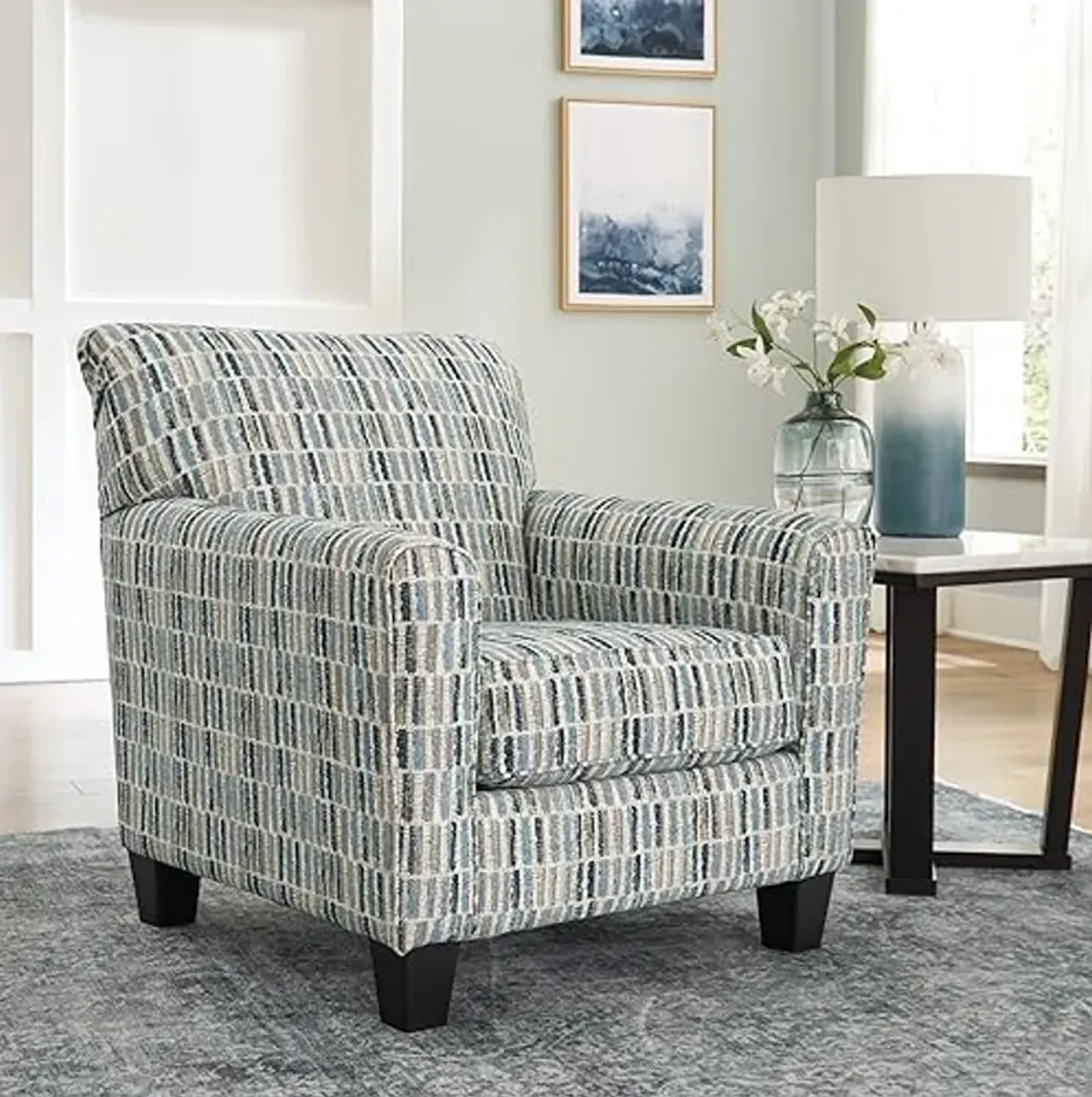 Signature Design by Ashley Valerano Contemporary Geometric Upholstered Accent Chair, Blue & Beige