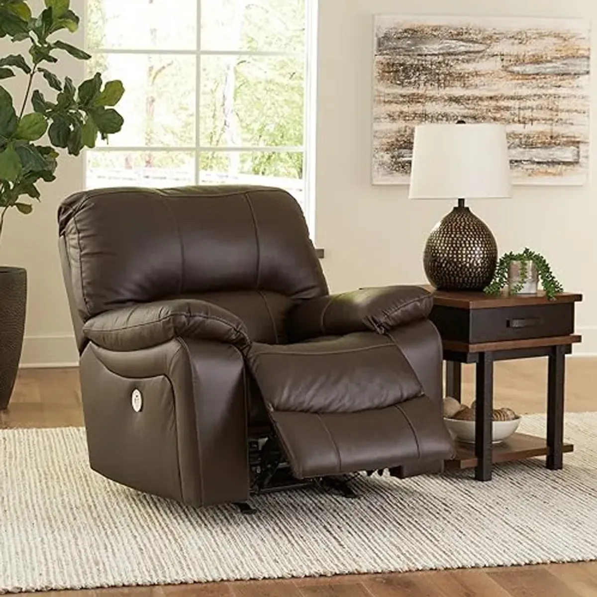 Signature Design by Ashley Leesworth Contemporary Leather Match Power Rocker Recliner with USB Ports, Dark Brown