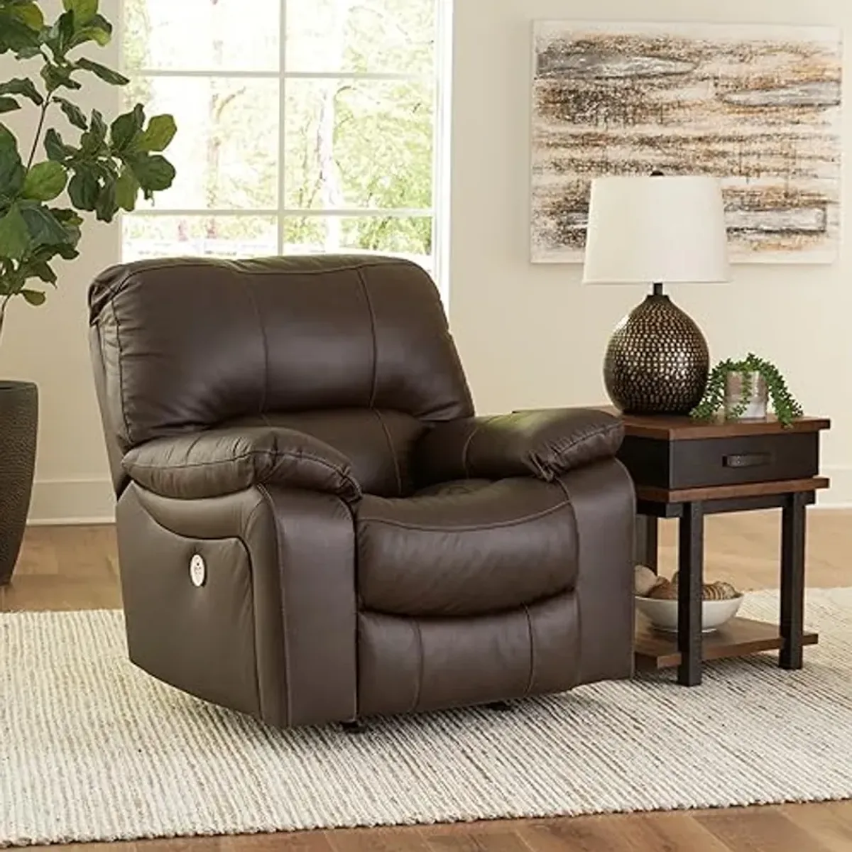 Signature Design by Ashley Leesworth Contemporary Leather Match Power Rocker Recliner with USB Ports, Dark Brown