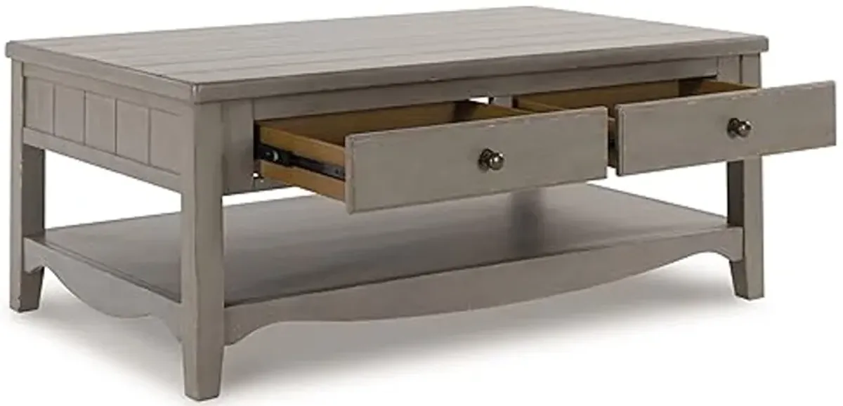 Signature Design by Ashley Charina Classic Cocktail Table with 2 Drawers and Open Lower Shelf, Light Gray