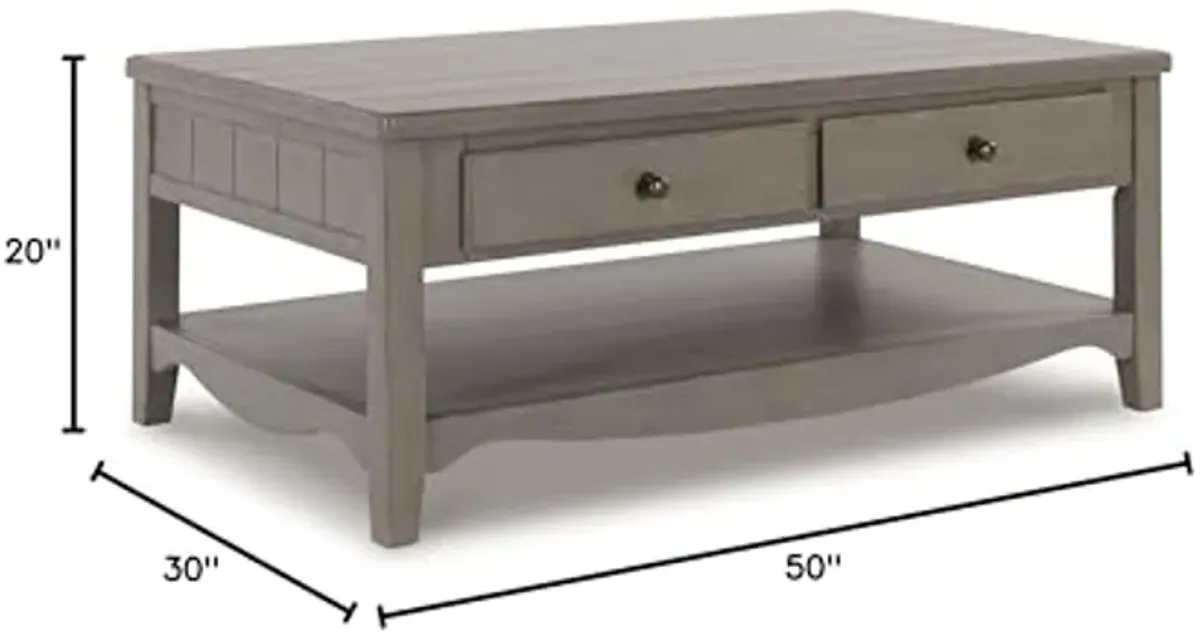 Signature Design by Ashley Charina Classic Cocktail Table with 2 Drawers and Open Lower Shelf, Light Gray