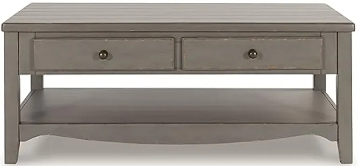 Signature Design by Ashley Charina Classic Cocktail Table with 2 Drawers and Open Lower Shelf, Light Gray