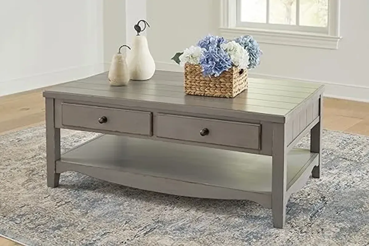 Signature Design by Ashley Charina Classic Cocktail Table with 2 Drawers and Open Lower Shelf, Light Gray