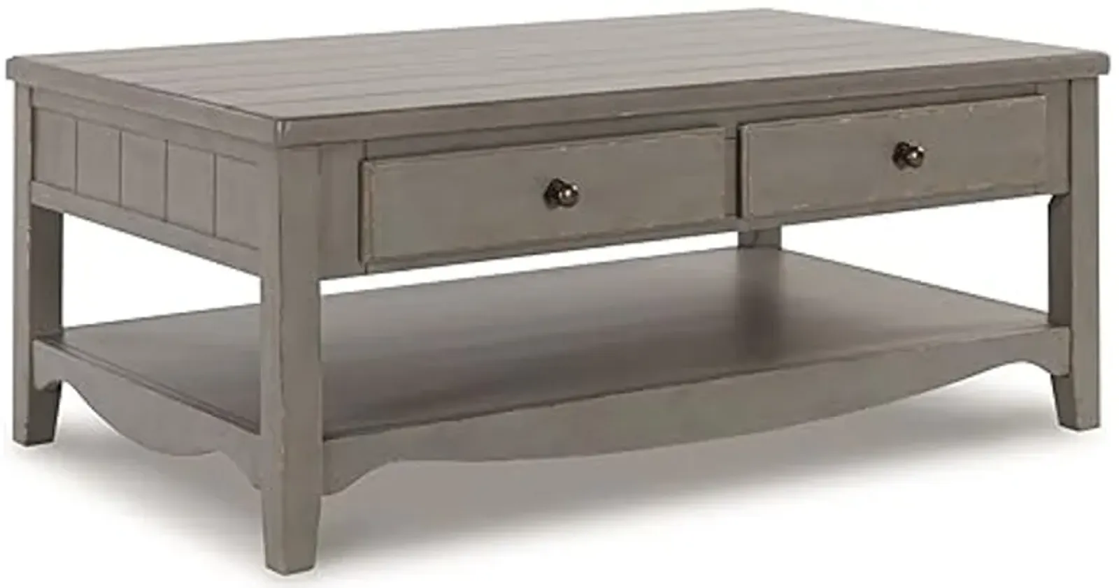 Signature Design by Ashley Charina Classic Cocktail Table with 2 Drawers and Open Lower Shelf, Light Gray