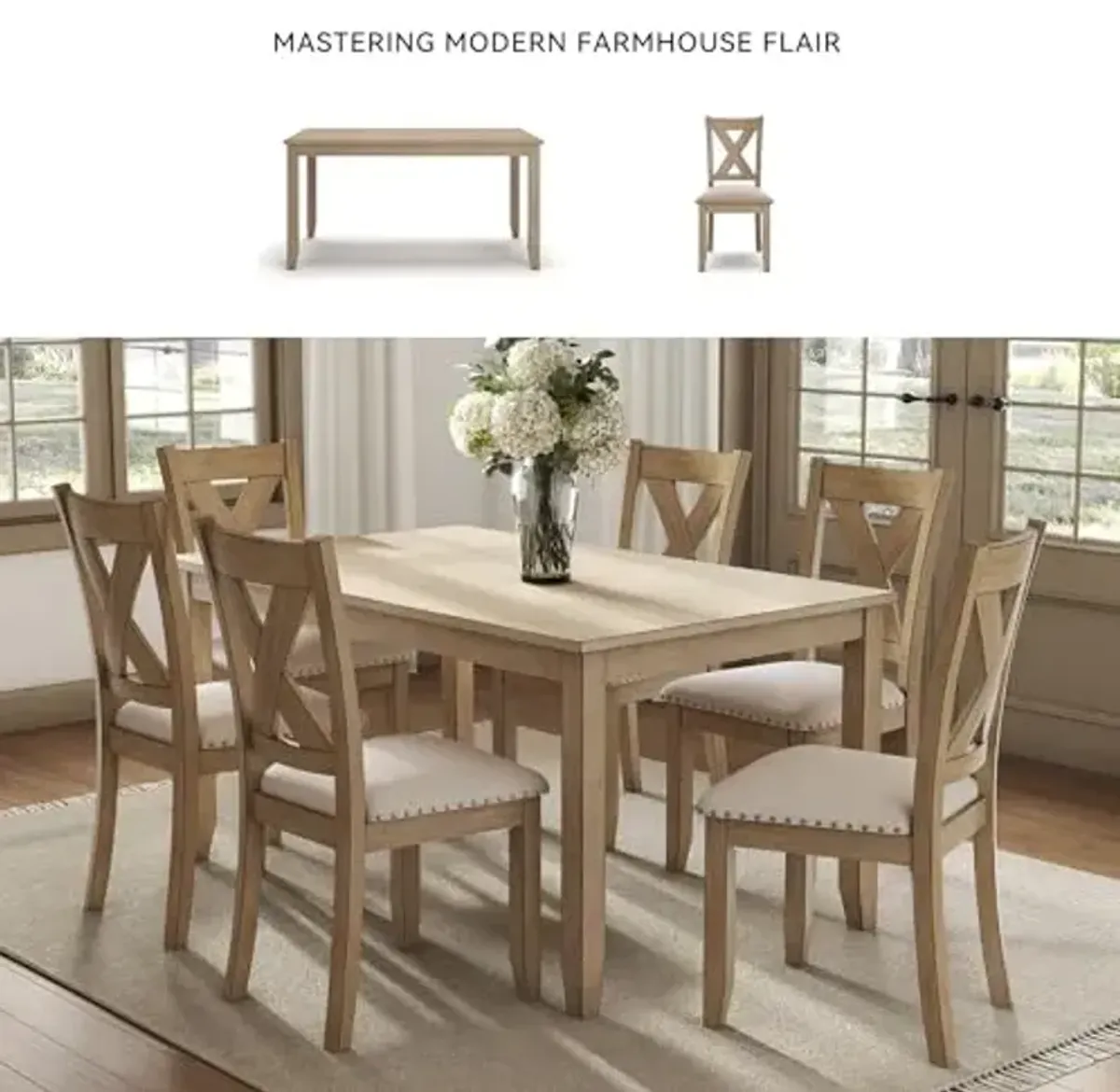 Signature Design by Ashley Sanbriar Casual Dining Table and Upholstered Chairs with Nailhead Trim, Set of 7, Light Brown & Beige