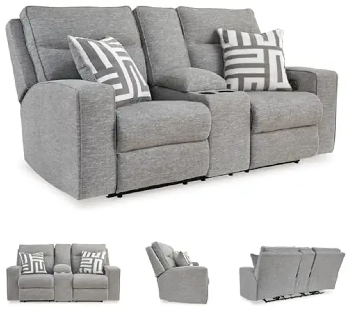 Signature Design by Ashley Biscoe Casual UV Resistant Power Reclining Loveseat with Console, Adjustable Headrest and USB Ports, Light Gray
