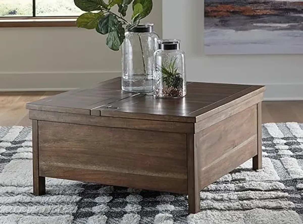 Signature Design by Ashley Moriville Rustic Hinged and Lift Top Cocktail Table with Hidden Storage, Light Brown