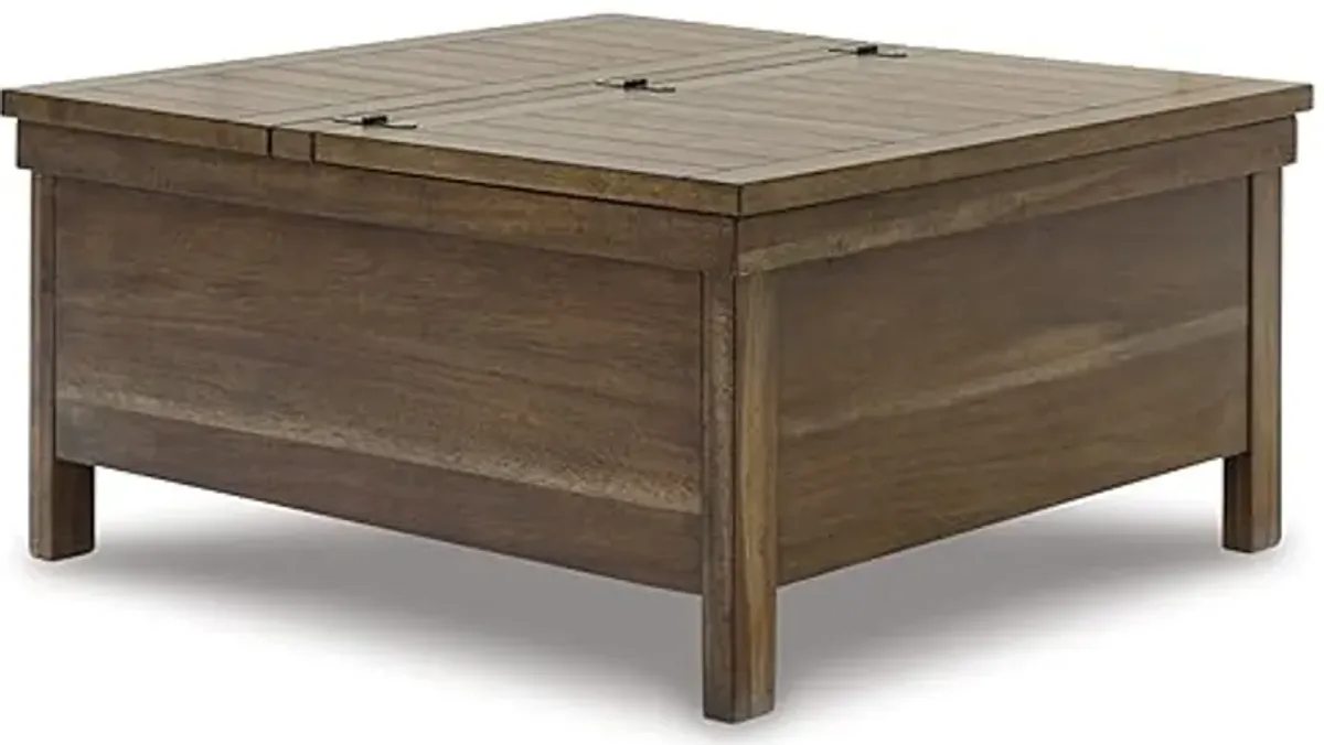 Signature Design by Ashley Moriville Rustic Hinged and Lift Top Cocktail Table with Hidden Storage, Light Brown