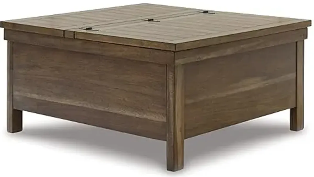 Signature Design by Ashley Moriville Rustic Hinged and Lift Top Cocktail Table with Hidden Storage, Light Brown