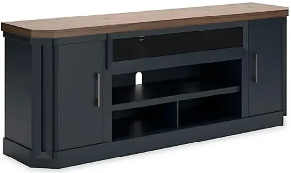 Signature Design by Ashley Landocken Contemporary 83" TV Stand for TVs up to 95" with Fireplace Option, 2 Cabinets, 2 Doors, 2 Adjustable Shelves, Open Cubbies and Cord Openings, Dark Brown & Blue